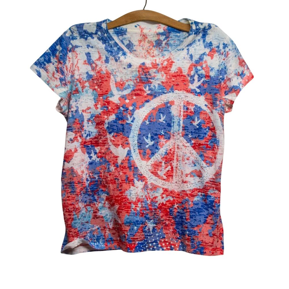 GREEN SOURCE Red White Blue Patriotic T-shirt Sparkly Peace Sign Bird Graphic